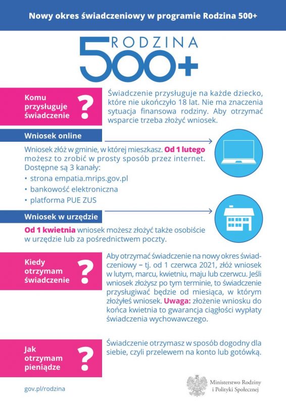 na zdjęciu wstęp plakatu z MRiPS dotycząca świadczenia 500+ od kwietnia 2021r. Po kliknięciu zdjęcia pobierze się pełna treść ulotki.