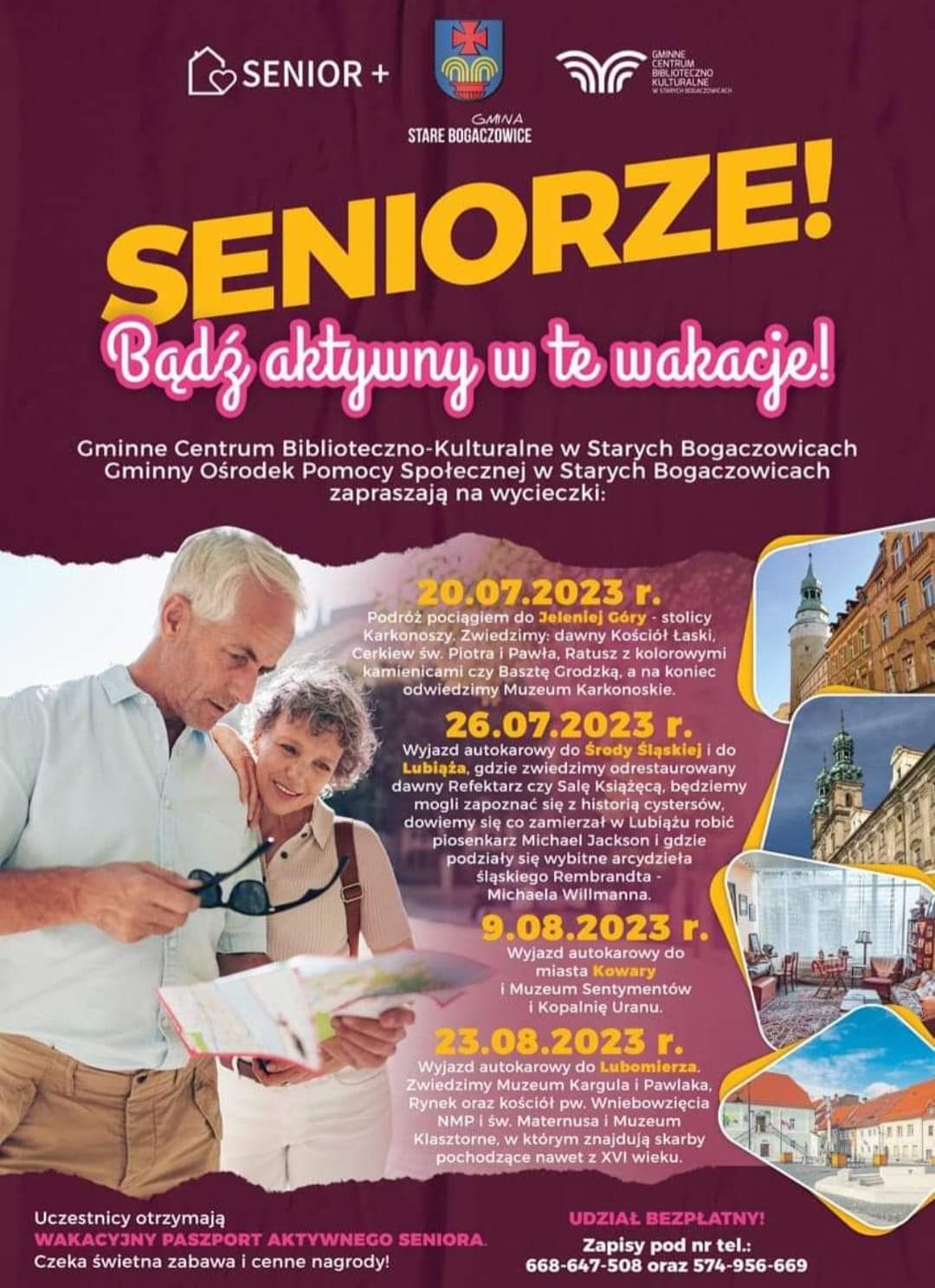 na zdjęciu propozycje wakacyjnych wycieczek dla Seniorów, szczegóły pod nr tel 668647508 oraz 574956669